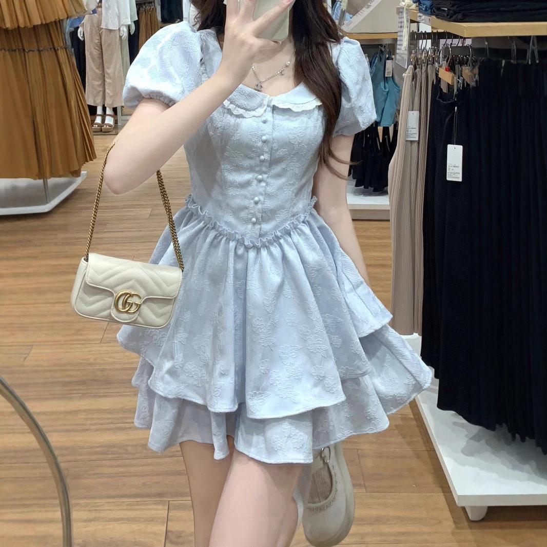 法式甜美初恋小个子娃娃领连衣裙女学生夏季收腰显瘦泡泡袖蓬蓬裙