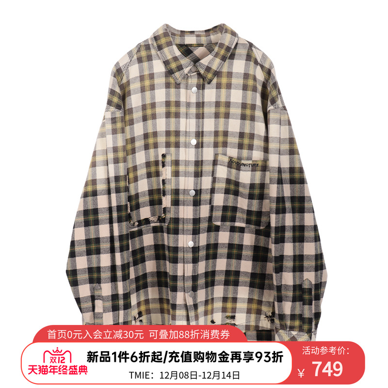 ACUPUNCTURE爱克佩特复古格纹宽松衬衫经典翻领双口袋休闲上衣