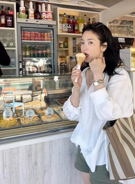 现货 2024夏季新款韩国东大门m*ia宋慧乔同款纯色显瘦条纹感衬衫