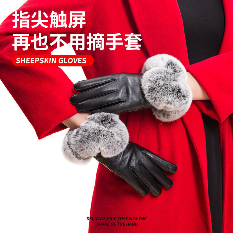 秋冬季真羊皮大毛口女士手套优质真皮手套加绒保暖真羊皮手套跨境