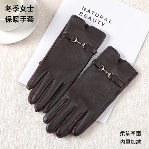 保暖皮手套冬季女士户外可爱骑行防风加厚防寒加绒PU开车触屏手套