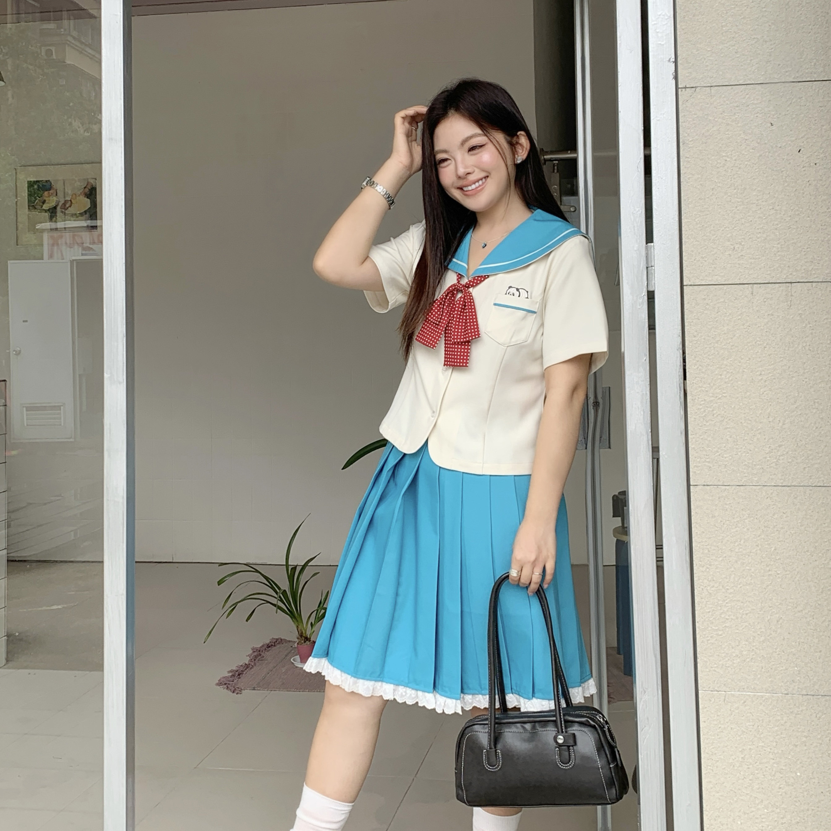 阿车家的大码jk胖mm原创青色短袖关东襟水手服百褶长裙学院风套装