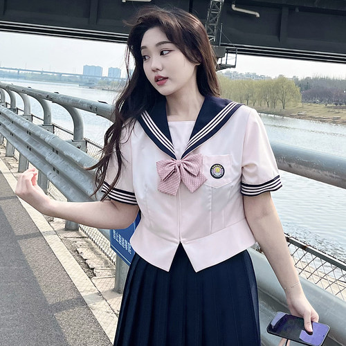 阿车家大码jk收腰粉色水手服套装