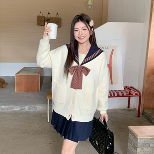 学院风毛茸茸针织开衫 阿车家 杏芽中 jk原创胖mm 毛衣外套 大码