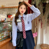 大码 jk胖mm学院风条纹长短袖 衬衫 阿车家 百褶半身裙女显瘦套装 春