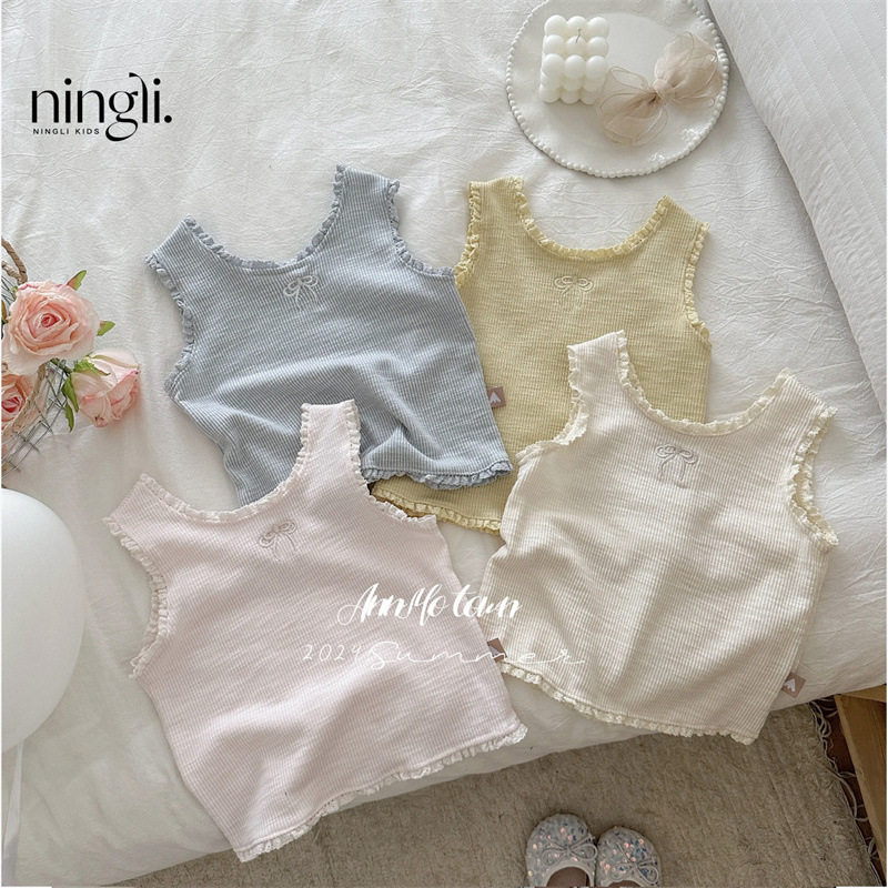 柠里女童刺绣木背心小耳边女宝洋气夏天好穿坑条内搭吊带