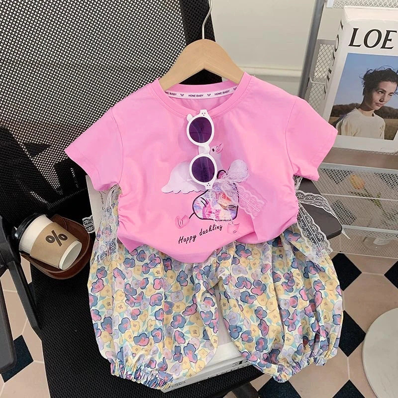 女童夏季T恤小女孩新款洋气件套蕾丝印花t恤防蚊裤两套装童装