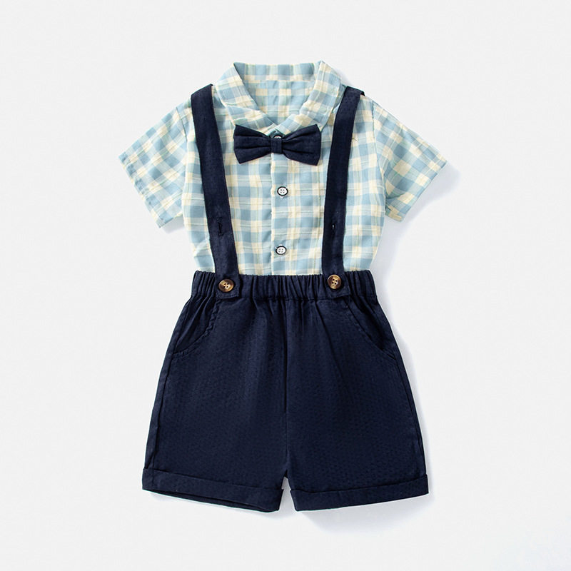 儿童套装夏季格子衬衫士礼男童韩版背带裤套装绅短袖服装