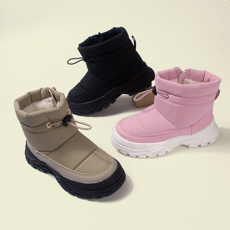 冬季男童侧拉链冷粘雪地棉鞋休闲加绒儿童靴子靴保暖女童运动加厚