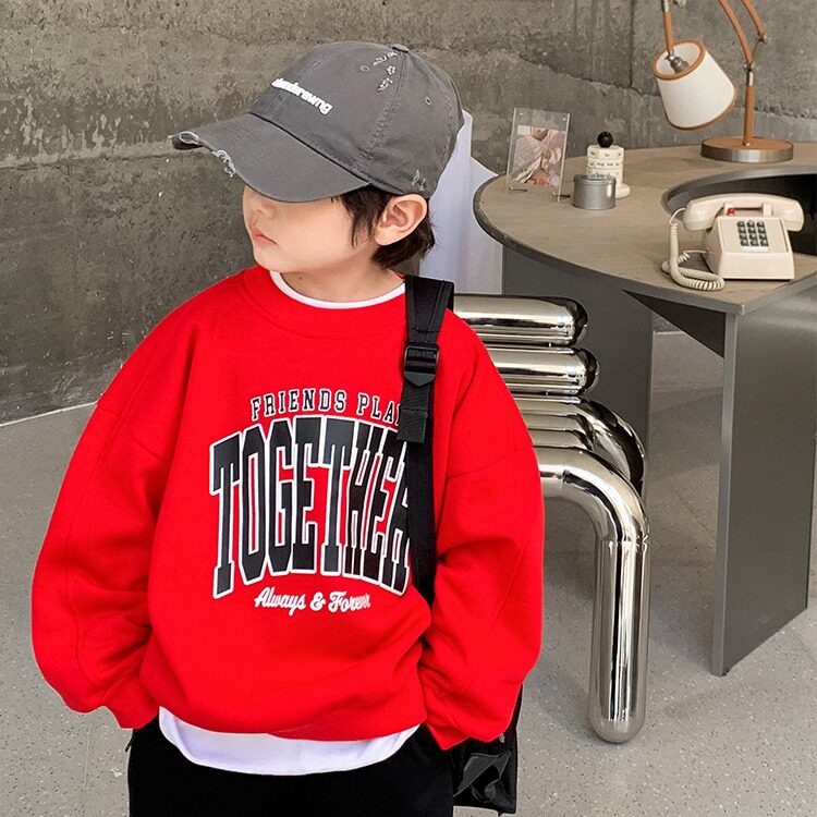 童装 保暖上衣加绒卫衣男童新款款红色洋气2023上衣长袖潮