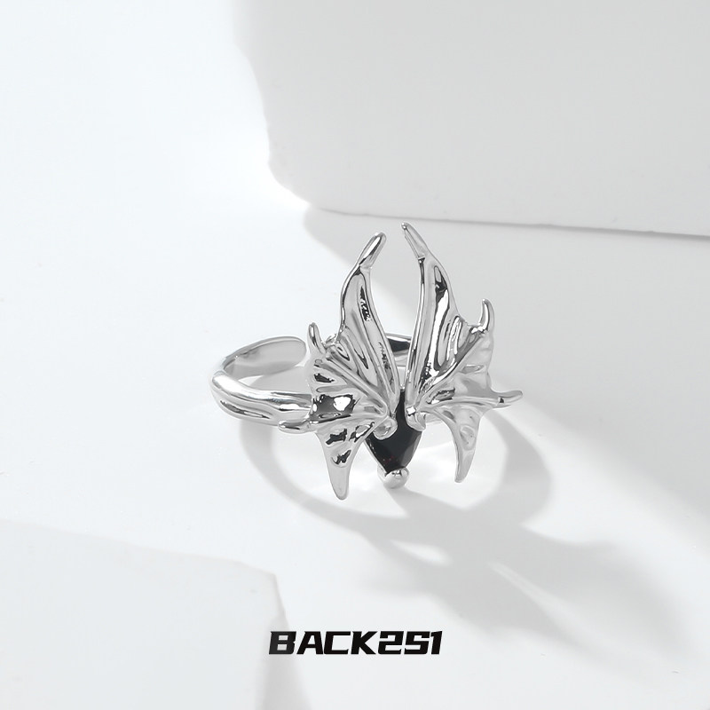 蝠之翼黑宝石戒指女小众设计暗黑朋克夸张高级感甜酷开口指环套装