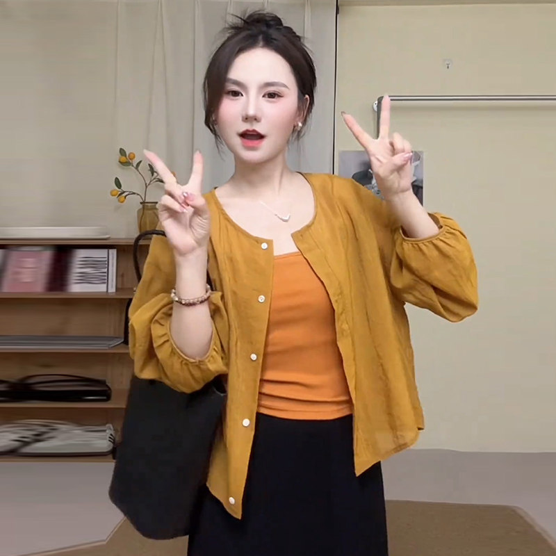纯色圆领长袖开衫衬衫女春秋季时尚防晒单排扣简约休闲上衣衬衣潮