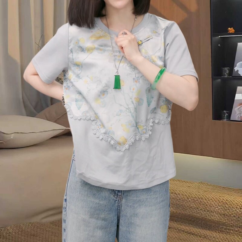 韩版时尚休闲风花朵印花短袖T恤女装洋气宽松显瘦套头圆领上衣服