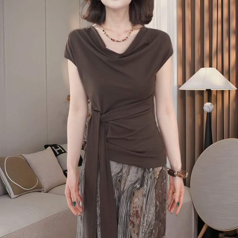 气质时尚轻熟风荡领绑带短袖T恤女夏潮流款收腰显瘦大码复古上衣