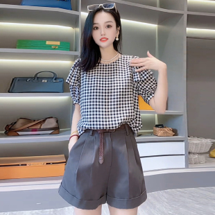 韩版夏季黑白格子别致衬衫女设计感新款气质衬衣短袖圆领休闲上衣