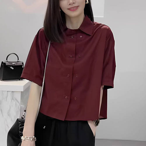 设计感不规则酒红色短袖衬衫女