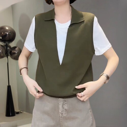 Polo领假两件短袖T恤女显瘦百搭