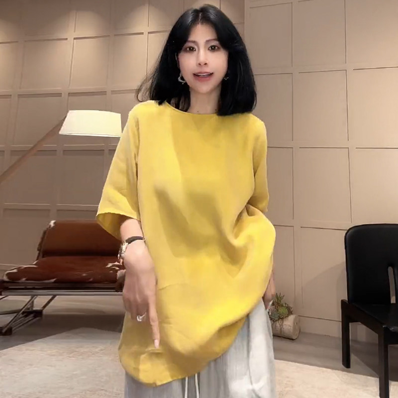 慵懒风中长款半袖黄色圆领T恤女韩版宽松纯色百搭显瘦设计感上衣