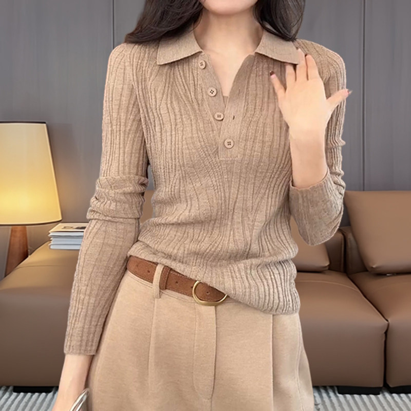 韩版休闲简约肌理感半开领针织衫女款修身显瘦百搭长袖翻领上衣潮