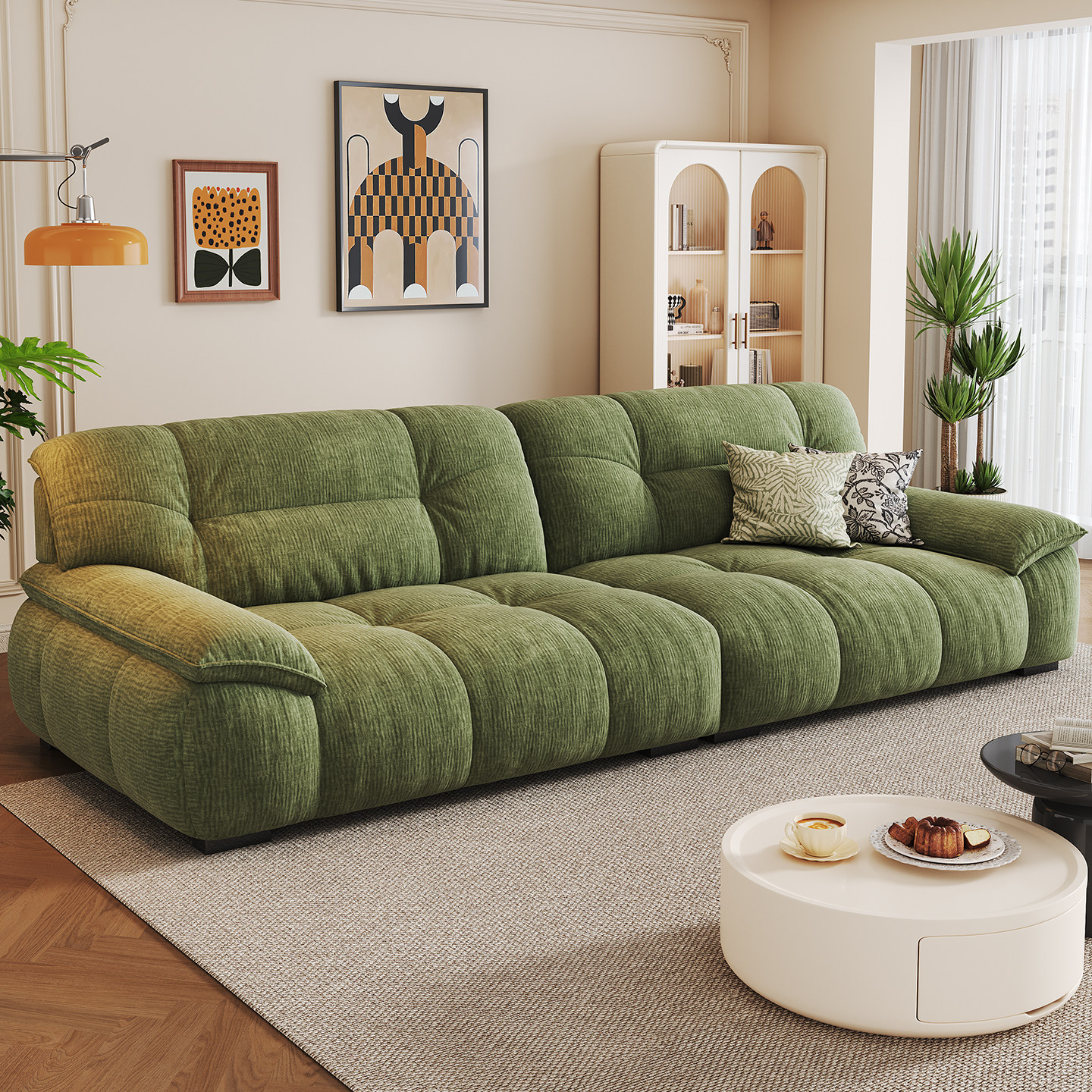 雪尼尔绒布轻法式布艺沙发小户型客厅现代简约直排三人位泡芙沙发