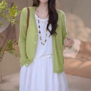 绿色防晒衣针织开衫女薄款外套2025新款夏季配裙子吊带外搭高级感