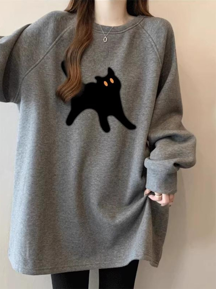 灰色中长款慵懒长袖卫衣女秋季欧货大版插肩打底衫配鲨鱼裤的上衣