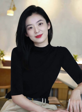黑色半高领中袖针织衫女士春秋七分袖打底衫气质内搭修身显瘦上衣