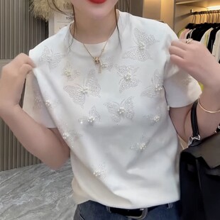 夏季重工钉珠白色短袖T恤女高端正肩洋派减龄上衣0530d
