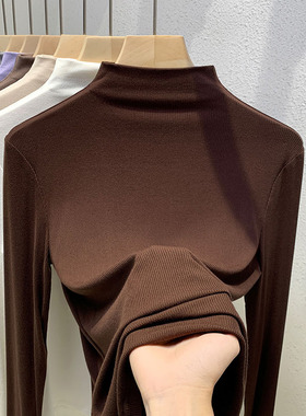 莫代尔半高领打底衫女早春洋气长袖t恤配小香风内搭咖色上0106r1