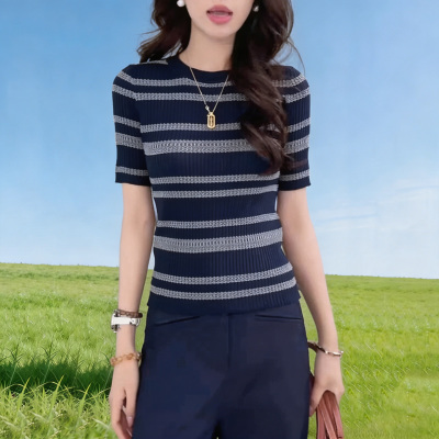 夏季欧货正肩撞色条纹短袖针织T恤女2026新款显瘦修身减龄小0430z