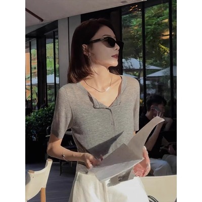 冰丝针织开衫短袖t恤女2025新款夏季薄款设计感小众宽松显瘦上衣