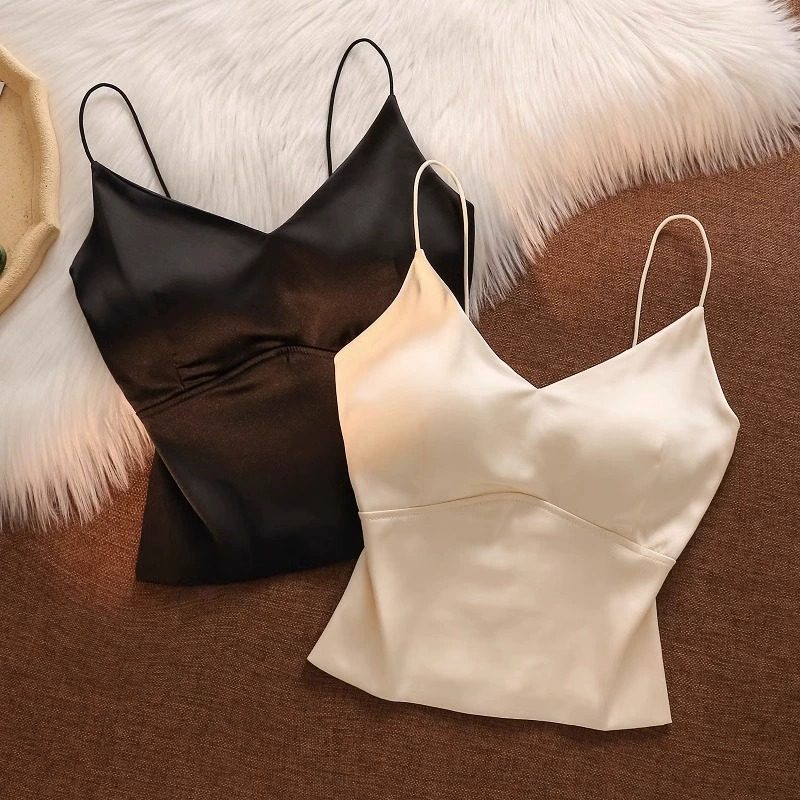 v领真丝吊带背心女内搭带胸垫醋酸缎面丝绸短款抹胸上衣西装内搭