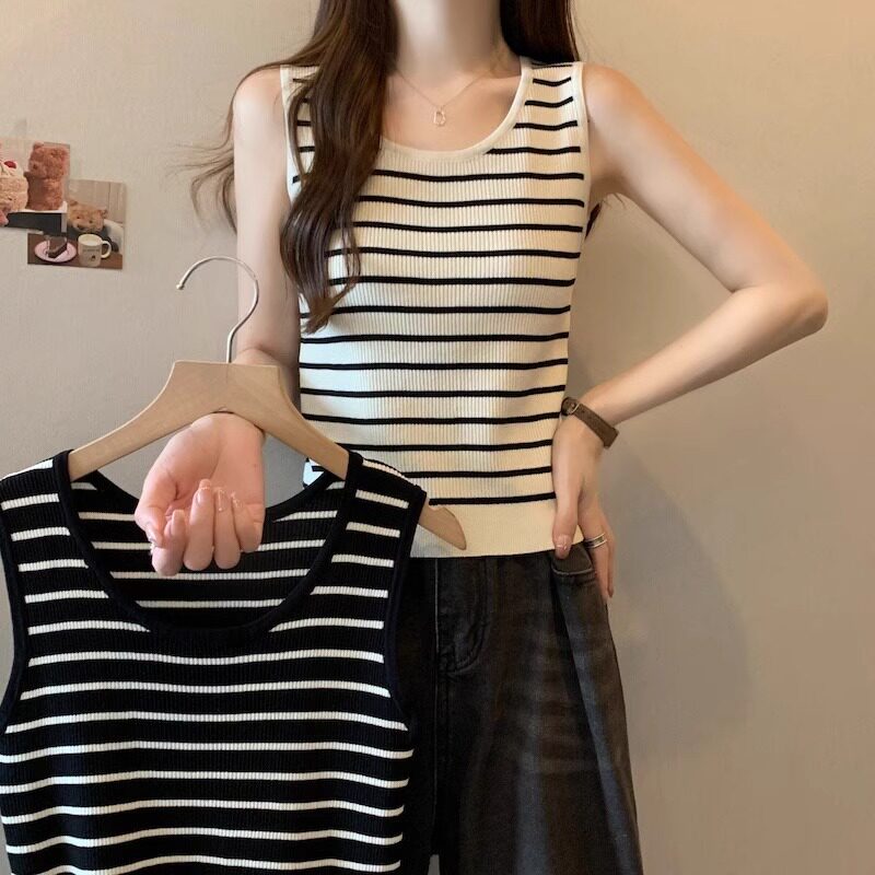 配衬衫的内搭条纹针织吊带背心女夏外穿大码胖mm遮肚显瘦无袖上衣