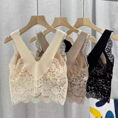 蕾丝美背内衣一体式带胸垫抹胸上衣外穿内搭防走光打底吊带背心女