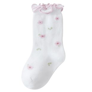 婴儿袜子春秋薄款棉袜可爱女宝宝松口花边袜女童秋冬无骨碎花短袜