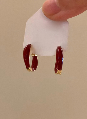 复古显白酒红色滴油素圈耳环轻奢高级感精致时尚气质耳扣新年耳饰