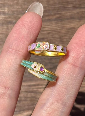中式民族风珐琅彩色滴油印花戒指