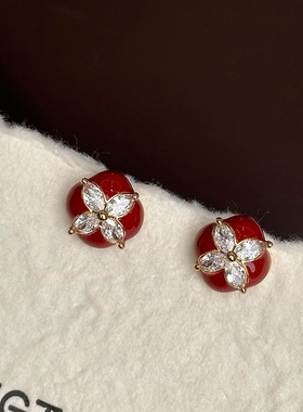 复古安可拉红滴釉耳钉2025年新款爆款气质秋冬红色耳环轻奢高级感