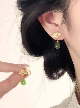 新中式银杏叶绿色水滴耳环女2025新款高级感小众设计精致时尚耳钉