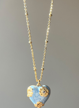蓝色滴油花朵爱心吊坠项链高级感