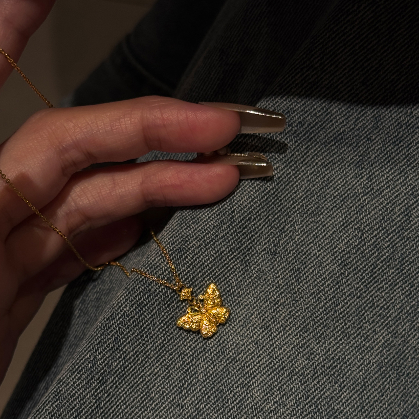 新中式古法拉丝金色蝴蝶吊坠项链