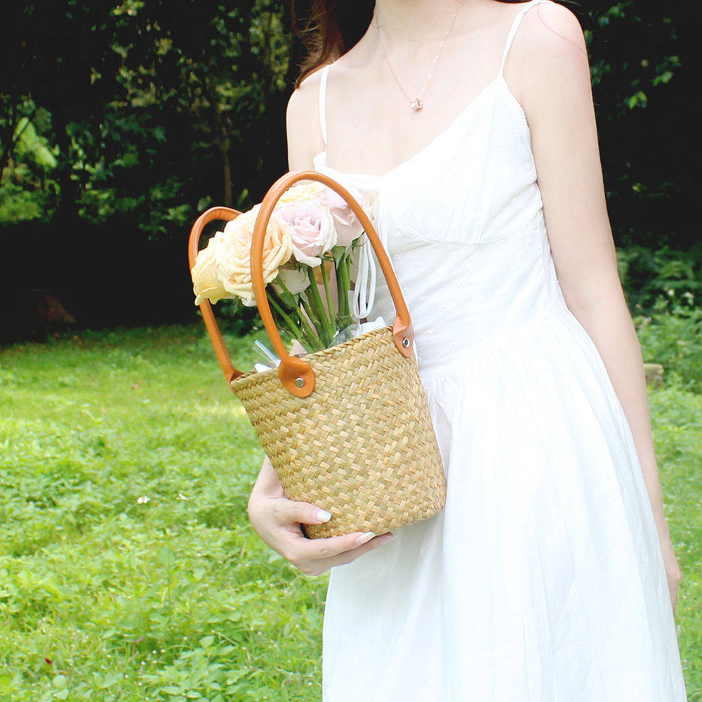 手工编织大号水桶包草编大容量圆筒单肩手提包海边度假沙滩托特包