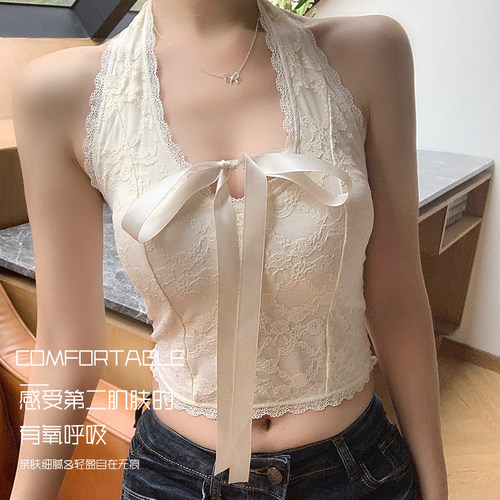 蕾丝提花挂脖绑带蝴蝶结吊带背心胸垫一体杯内搭纯欲修身露背抹胸