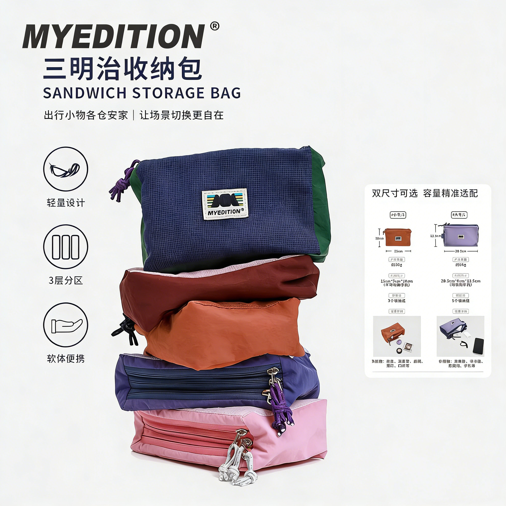 MYEDITION三明治小方包通勤化妆包旅行便携多层洗漱包手机卡包,箱包皮具/热销女包/男包,小方包,淘宝优惠券,粉丝福利购,淘宝优惠卷