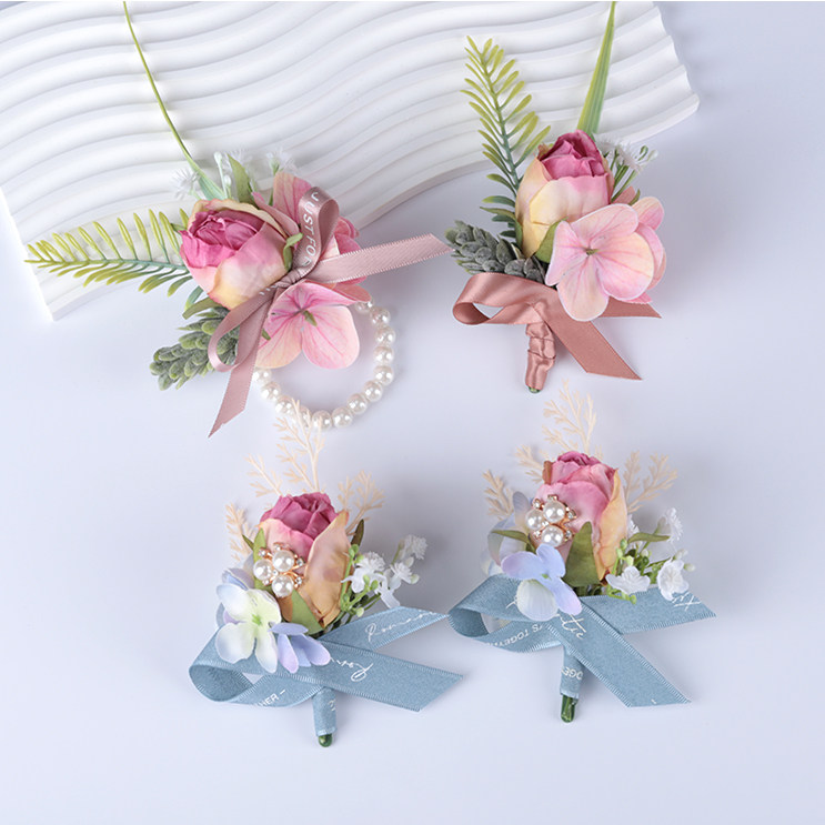 森系仿真粉色玫瑰伴娘伴郎胸花结婚新娘新郎襟花商务会议拍摄道具