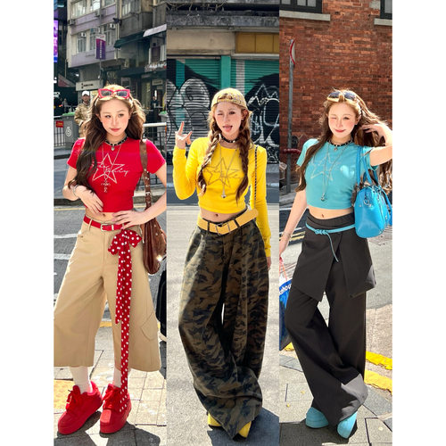 辣妹烫钻星星露背长袖T恤