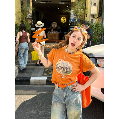 百搭显白橘印花翻袖短袖T恤