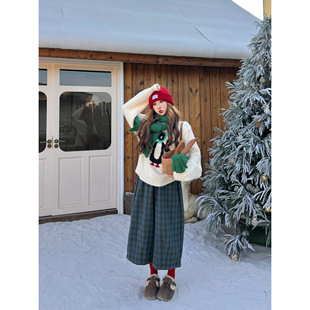 林诗琦NICKIDAILY【冬夜星垂！撞色格纹宽松显瘦休闲毛呢七分裤女