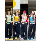 女 假两件拼接花边低腰阔腿牛仔长裤 林诗琦NICKIDAILY 酷漾街头