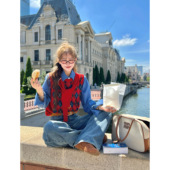 林诗琦NICKIDAILY 秋阳杲杲 撞色菱格百搭假两件绑带针织马甲女